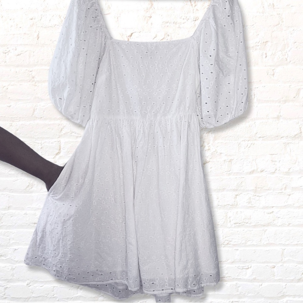 A New Day Eyelet Puff Sleeve Babydoll Mini Dress Size M White NWT - Picture 6 of 13
